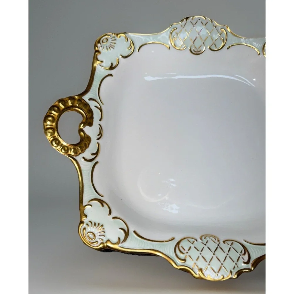 Vtg Bavaria Gerold Porzellan‎ White/Green Serving Dish Gold Gilt W Germany